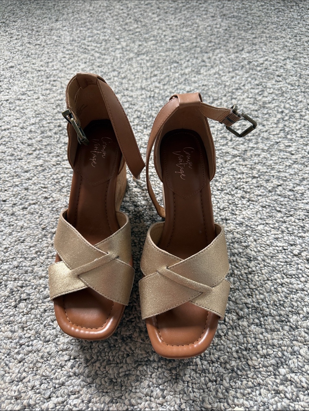 Crown Vintage Metallic Gold Crisscross Wedge Sandals